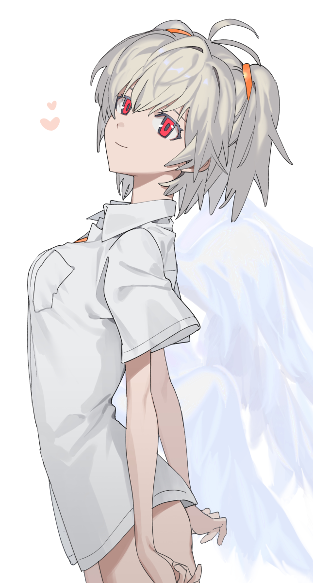 1girl angel angel_chromosome_xx angel_wings closed_mouth collared_shirt feathered_wings grey_hair highres looking_at_viewer naked_shirt neon_genesis_evangelion quwo shirt short_hair short_twintails smile solo tabris-xx twintails white_background white_shirt wings