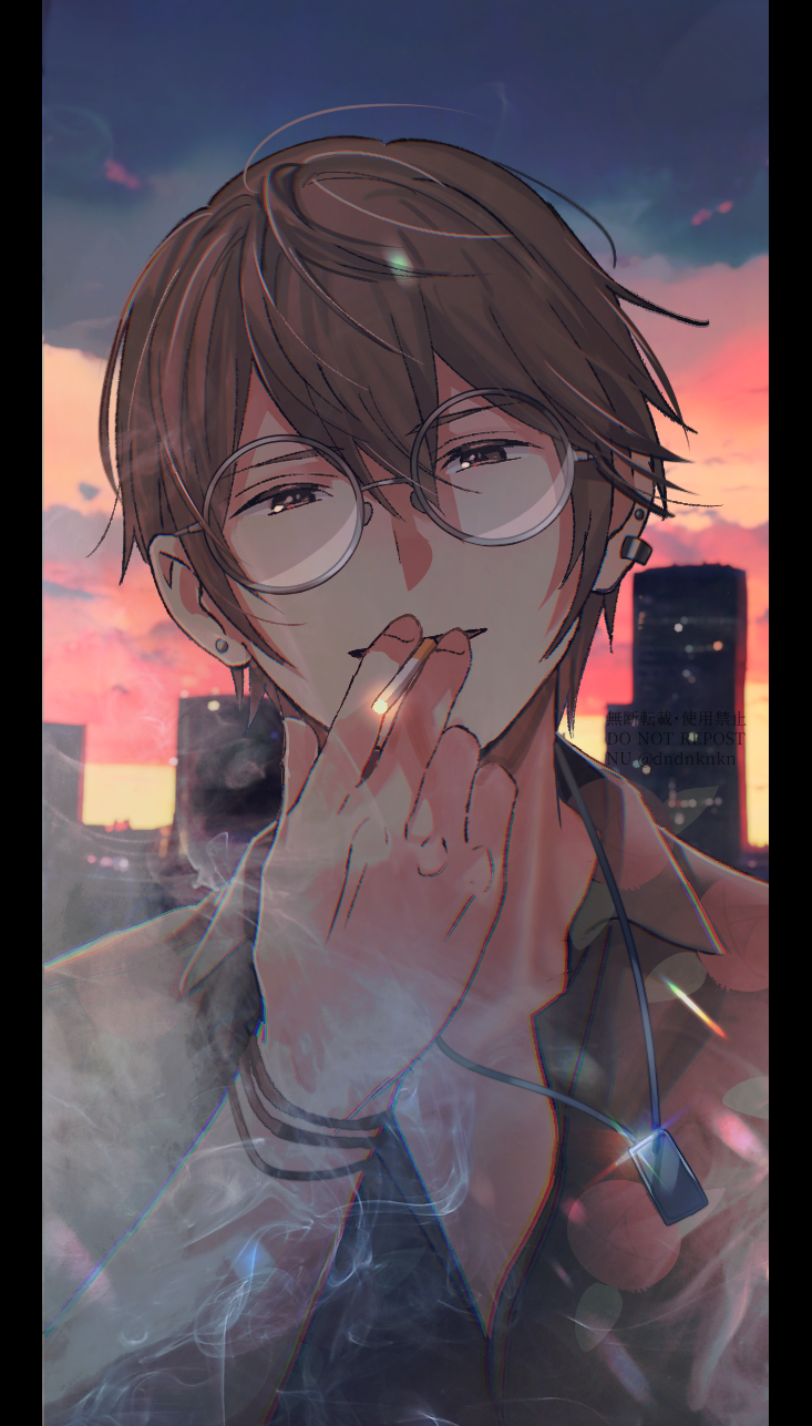 1boy backlighting blue_sky brown_eyes brown_jacket brown_shirt cigarette cityscape cloud cloudy_sky collared_shirt commentary_request double-parted_bangs dusk ear_piercing earrings fingernails glasses glint grey-framed_eyewear hair_between_eyes half-closed_eyes highres holding holding_cigarette jacket jewelry looking_at_viewer male_focus multicolored_sky necklace nuu_(liebe_sk) open_collar open_mouth outdoors piercing pillarboxed pink_clouds pink_sky portrait round_eyewear serizawa_tomoya shirt single_earring sky smile smoke solo stud_earrings suzume_no_tojimari yellow_sky