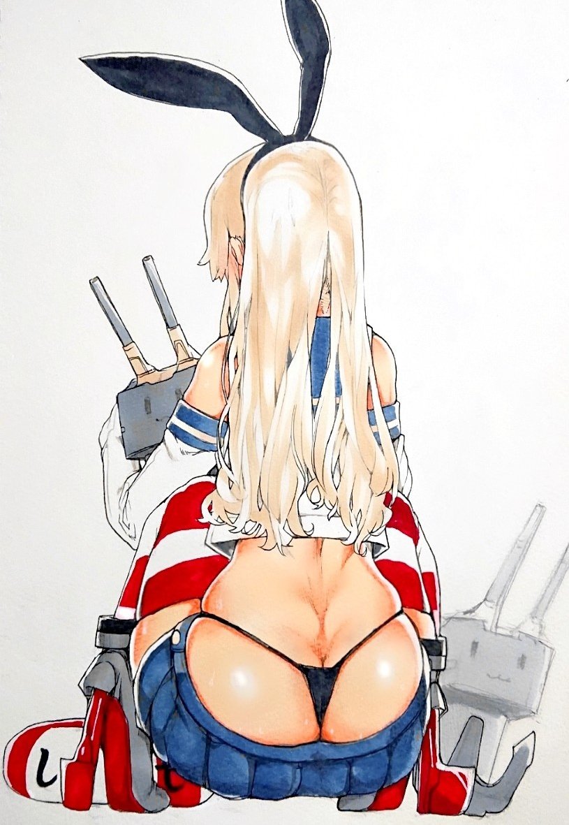 anchor ass bare_shoulders black_panties blonde_hair butt_crack commentary_request crop_top elbow_gloves facing_away from_behind gloves hairband highleg highleg_panties kantai_collection lifebuoy microskirt panties rensouhou-chan ribbon rudder_footwear sabusupi shimakaze_(kancolle) simple_background skindentation skirt squatting striped striped_thighhighs thighhighs thong underwear white_background white_gloves
