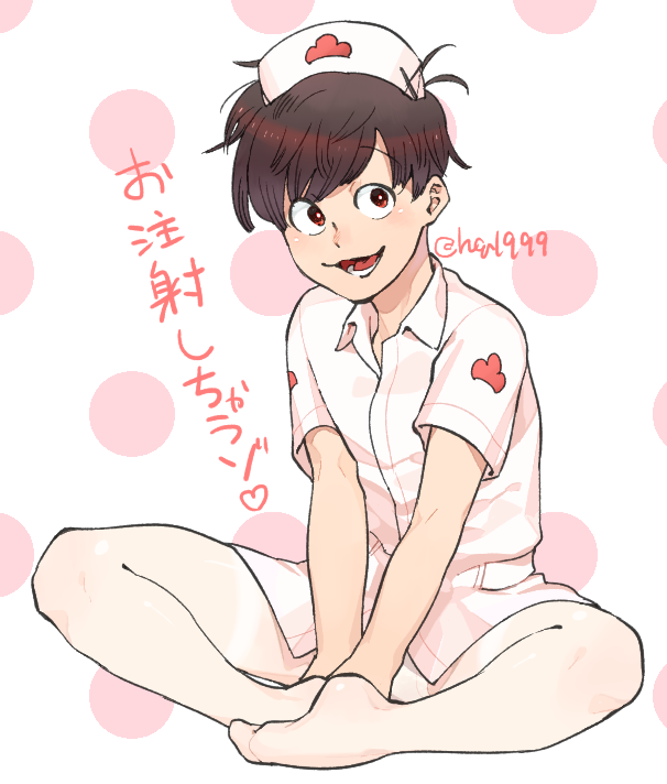 1boy crossdressing dotted_background hat indian_style looking_at_viewer male_focus matsu_symbol matsuno_osomatsu nurse nurse_cap osomatsu-san pantyhose red_eyes sitting smile tamago_toji white_pantyhose