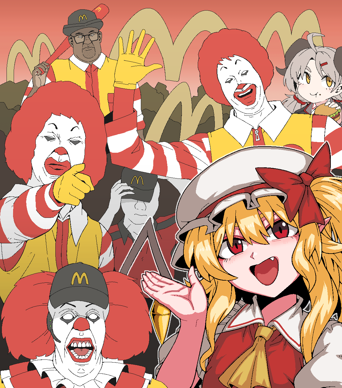 2girls 5boys ahoge ascot blonde_hair blue_archive blush brown_eyes burger closed_mouth collared_shirt eating fang flandre_scarlet food food_on_face formicid frilled_shirt_collar frills hair_ornament hairclip hat highres holding holding_food horns it_(stephen_king) izumi_(blue_archive) light_brown_hair long_hair mcdonald's mob_cap multiple_boys multiple_girls one_side_up open_mouth pennywise pointing pointy_ears red_eyes red_vest ronald_mcdonald shirt short_sleeves smile touhou twintails vest white_headwear white_shirt wojak yellow_ascot
