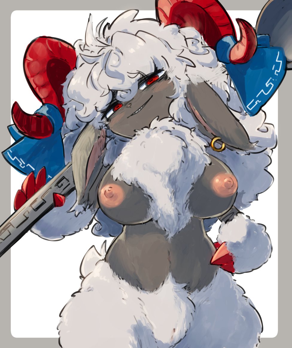 1girl animal_ear_piercing animal_ears blue_ribbon blush body_fur breasts colored_skin commentary_request completely_nude cowboy_shot curled_horns curly_hair earrings fewer_digits floppy_ears furrification furry furry_female grey_background grey_skin grin hair_between_eyes horizontal_pupils horn_ornament horn_ribbon horns jewelry large_breasts long_hair looking_at_viewer meandros medium_bangs nipples nude oversized_object pussy rectangular_pupils red_eyes red_horns ribbon sharp_teeth sheep_ears sheep_girl sheep_horns smile solo spoon teeth touhou toutetsu_yuuma two-tone_background uisu_(noguchipint) white_background white_hair