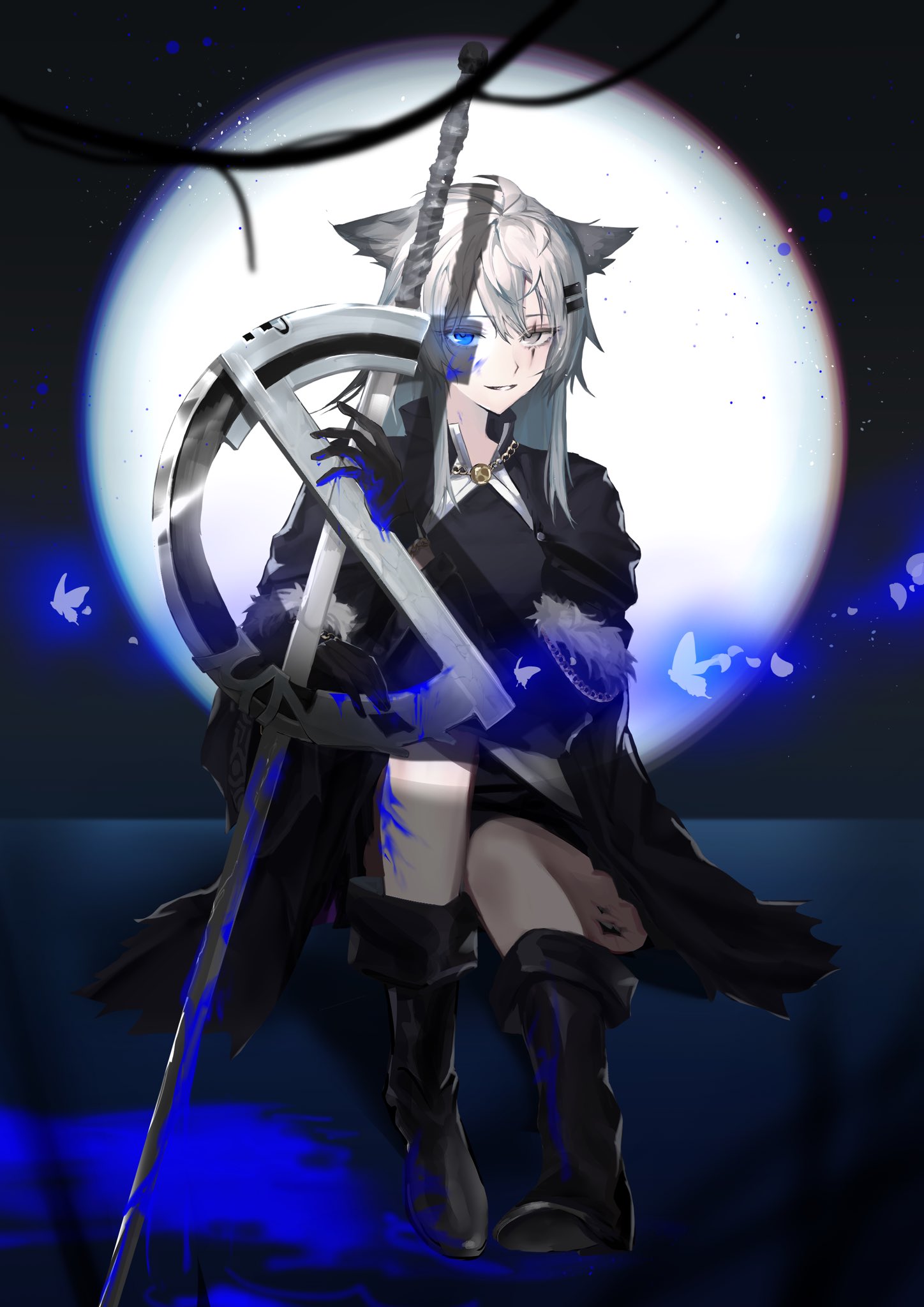 1girl animal_ears antenna_hair ark_mmmm arknights armlet backlighting bare_legs black_capelet black_coat black_dress black_footwear black_gloves black_sky blood blood_on_clothes blood_on_face blood_on_gloves blood_on_leg blood_on_weapon blue_blood blue_butterfly blue_eyes blue_petals blue_theme blurry blurry_background blurry_foreground boots bracelet breasts bug butterfly buttons capelet clear_sky coat collared_coat collared_vest commentary_request depth_of_field dress eyelashes falling_petals fold-over_boots full_body full_moon fur-trimmed_coat fur-trimmed_sleeves fur_trim gloves glowing glowing_butterfly glowing_eye glowing_petals grey_eyes grey_hair hair_between_eyes hair_ornament hairclip hand_on_weapon hand_rest hands_up heterochromia high_collar highres horizon jewelry knees_up lappland_(arknights) lappland_(refined_horrormare)_(arknights) layered_sleeves light_particles long_hair long_sleeves looking_at_viewer medium_breasts messy_hair moon moonlight necklace night ocean official_alternate_costume on_water oripathy_lesion_(arknights) outdoors outer_glow pale_skin parted_lips petals scar scar_across_eye scar_on_face shade shadow short_dress short_over_long_sleeves short_sleeves sitting sitting_on_water sky smile smirk solo straight-on sword teeth variant_set vest water weapon white_vest wolf_ears wolf_girl