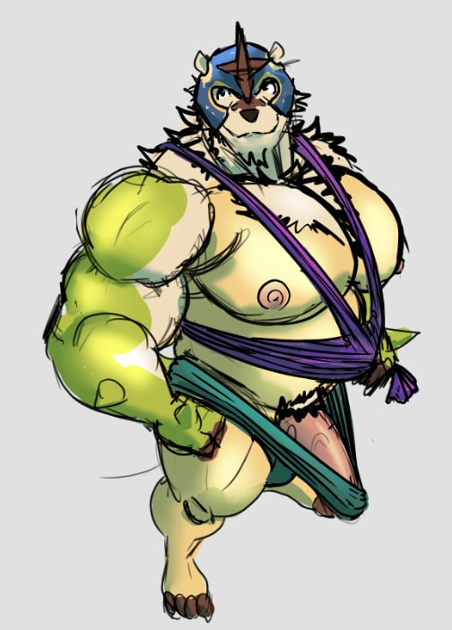 2022 4_toes aezin anthro areola barely_contained barely_contained_penis biceps big_biceps black_nose chesnaught chest_tuft chin_tuft claws clothed clothing colored_sketch eli_(aezin) erection erection_under_clothing facial_tuft feet fur generation_6_pokemon genitals green_body green_clothing green_underwear humanoid_genitalia humanoid_penis ineffective_clothing male mammal mask muscular muscular_male neck_tuft nintendo nipples pecs penis pink_areola pink_nipples pokemon pokemon_(species) pubes sketch small_ears solo spikes spikes_(anatomy) standing tan_body tenting toe_claws toes tuft underwear vein veiny_penis white_body white_fur wrestling_singlet