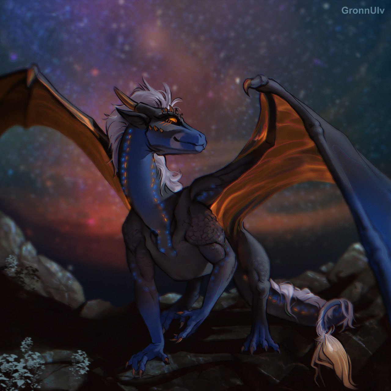 black_body blue_body claws detailed_background dragon feral gronnulv hair hi_res horn large_wings male mane mane_hair markings multicolored_body night orange_claws orange_eyes orange_horn orange_wings rock sky solo star tail tail_tuft tuft white_hair white_markings white_tuft wings