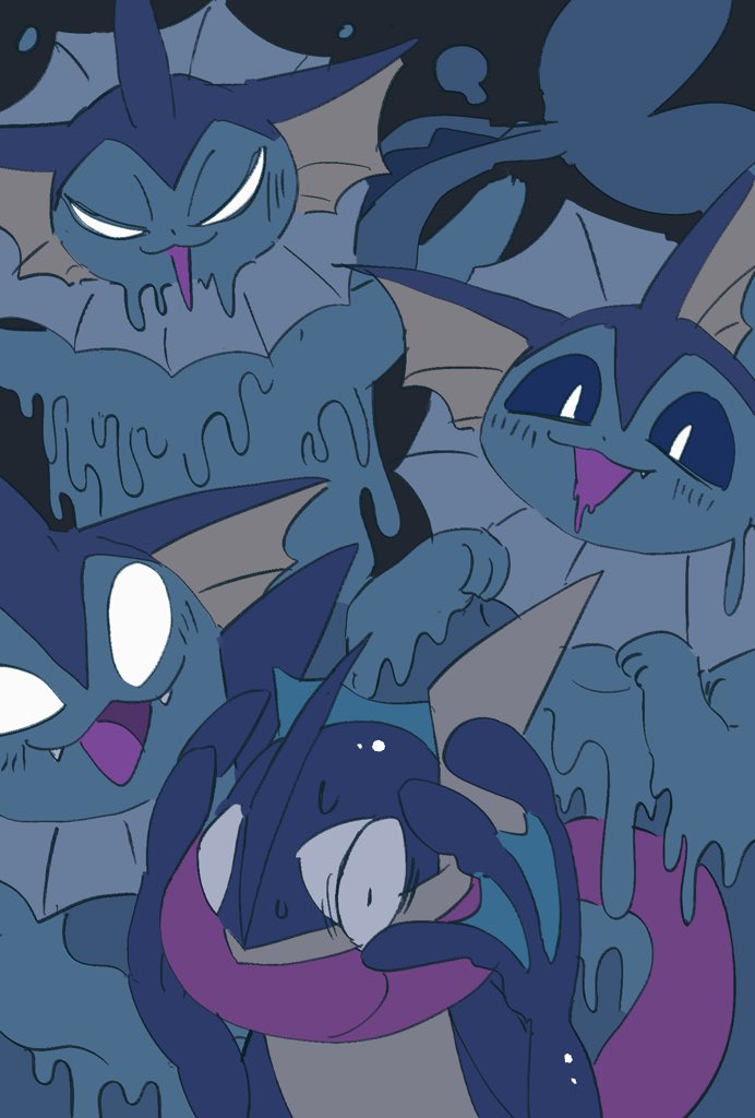 ambiguous_gender amphibian anthro blush bodily_fluids eeveelution feral frog generation_1_pokemon generation_6_pokemon greninja group hand_on_head nintendo open_mouth pokemon pokemon_(species) scared slime sweat vaporeon winte