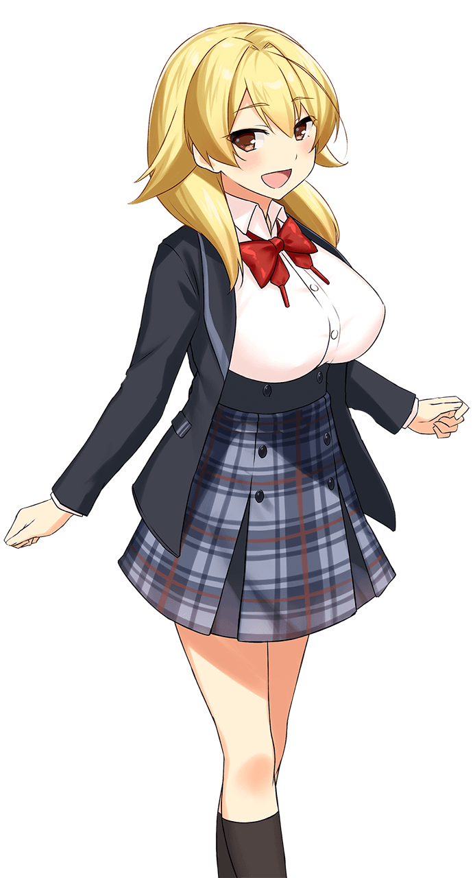 1girl :d archived_source blonde_hair breasts hanao_akari highres kneehighs knees large_breasts moe!_ninja_girls moe!_ninja_girls_rpg necktie ntt_solmare official_art open_mouth red_eyes school_uniform skirt smile socks thighs