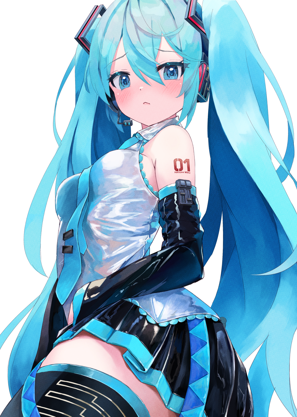 1girl :&lt; armpit_crease bare_shoulders belt between_breasts black_skirt black_thighhighs blue_eyes blue_hair blue_necktie blush breasts closed_mouth collared_shirt cowboy_shot detached_sleeves frilled_shirt frills from_side hair_between_eyes hair_ornament hatsune_miku headset heart heart-shaped_pupils highres long_hair long_sleeves looking_at_viewer loose_belt microphone miniskirt necktie necktie_between_breasts number_tattoo pleated_skirt shirt sidelocks simple_background skirt sleeveless sleeveless_shirt small_breasts solo symbol-shaped_pupils takepon1123 tattoo thick_thighs thighhighs thighs tie_clip twintails very_long_hair vocaloid white_background white_shirt zettai_ryouiki