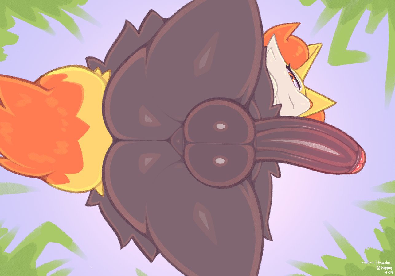 2023 anthro artist_name balls bedroom_eyes big_butt black_balls black_body black_fur black_penis black_perineum black_pupils braixen butt cheek_tuft dated digital_media_(artwork) erection eyelashes facial_tuft foreskin frumples fur generation_6_pokemon genitals glans glistening glistening_body half-closed_eyes humanoid_genitalia humanoid_penis looking_at_viewer looking_down looking_down_at_viewer low-angle_view male multicolored_body multicolored_fur multicolored_tail narrowed_eyes nintendo nude partially_retracted_foreskin penis perineum pink_glans pokemon pokemon_(species) pupils red_body red_eyes red_fur red_inner_ear red_nose red_tail seductive sky smile solo spread_legs spreading tail thick_thighs tuft white_body white_fur worm's-eye_view yellow_body yellow_ears yellow_fur yellow_tail