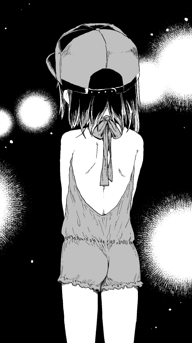 1girl ass backless_outfit bare_shoulders baseball_cap black_hair facing_away greyscale hat highres kikai_(akita_morgue) monochrome original solo