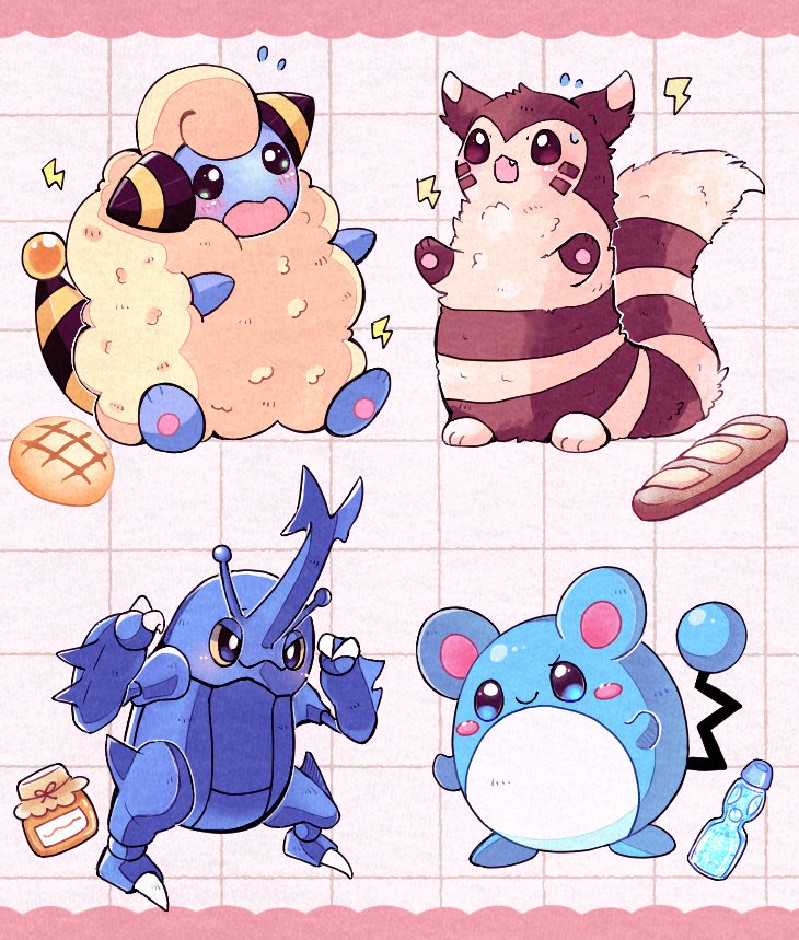 animal_focus baguette beetle bottle bread brown_fur bug commentary_request food furret grid_background heracross honey letterboxed lightning_bolt_symbol mareep marill mochopaccho no_humans pink_background pokemon pokemon_(creature) sheep simple_background smile solid_circle_eyes solid_oval_eyes water_bottle