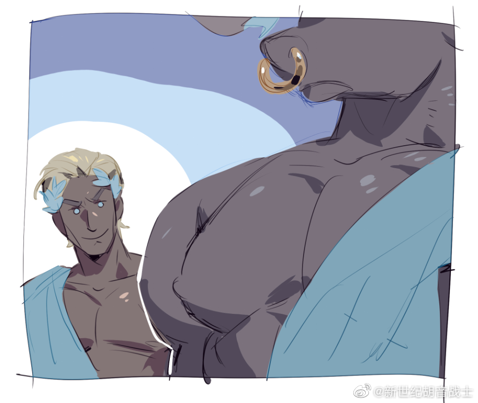 2boys ancient_greek_clothes artist_request asterius_(hades) bara bare_pectorals blonde_hair dark-skinned_male dark_skin from_side furry furry_male furry_with_non-furry hades_(series) head_out_of_frame interspecies large_pectorals laurel_crown looking_at_pectorals male_focus meme minotaur multiple_boys muscular muscular_male nipples nose_piercing nose_ring pectoral_envy_(meme) pectorals piercing short_hair solid_circle_eyes theseus_(hades) thick_eyebrows upper_body yaoi