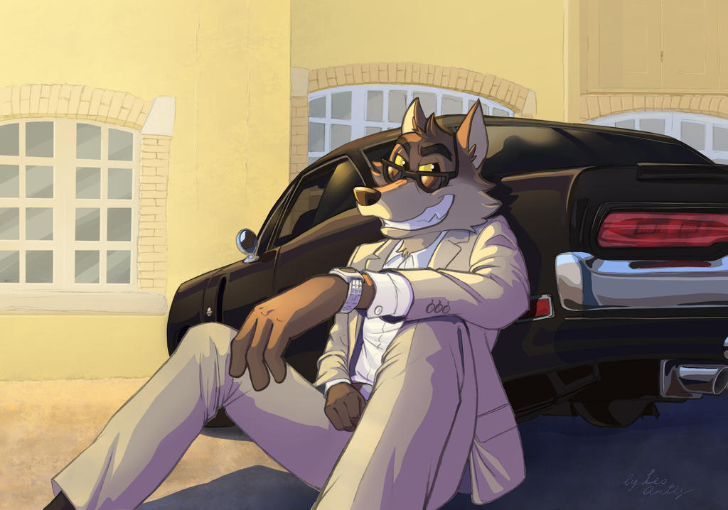 4_fingers anthro black_nose brown_body brown_fur canid canine canis car clock clothing dreamworks dress_shirt eyebrows eyewear fingers formal_clothing fur grin leo-artis male mammal mr._wolf_(the_bad_guys) shaded shirt sitting smile solo sunglasses teeth_showing the_bad_guys thick_eyebrows topwear vehicle watch wolf wristwatch yellow_sclera