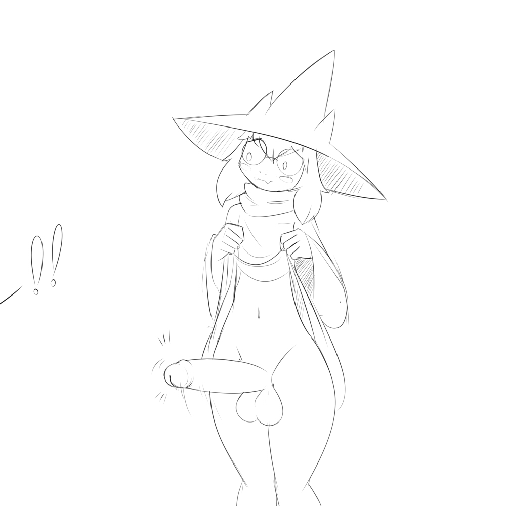 5_fingers anthro balls bottomless bovid caprine clothed clothing clothing_lift deltarune erection exclamation_point fingers front_view genitals girokett goat greyscale hat headgear headwear humanoid_genitalia humanoid_penis male mammal monochrome motion_lines navel penis ralsei simple_background sketch solo standing thick_thighs undertale_(series) unseen_character white_background