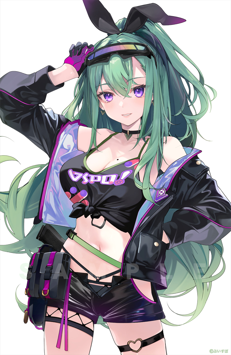 1girl animal_ears arm_up bare_shoulders black_choker black_gloves black_jacket black_panties black_shirt black_shorts breasts camisole choker cleavage cowboy_shot crop_top earrings fake_animal_ears fishnets front-tie_top gloves goggles goggles_on_head green_hair grin hair_ribbon hand_in_pocket highres hip_vent jacket jewelry large_breasts long_hair long_sleeves looking_at_viewer midriff mole mole_on_breast navel off_shoulder open_clothes open_fly open_jacket panties panty_peek ponytail purple_eyes rabbit_ears ribbon shirokitsune shirt short_shorts shorts simple_background skindentation sleeveless sleeveless_shirt smile solo spaghetti_strap stomach thigh_strap thighs underwear very_long_hair virtual_youtuber vspo! white_background yakumo_beni