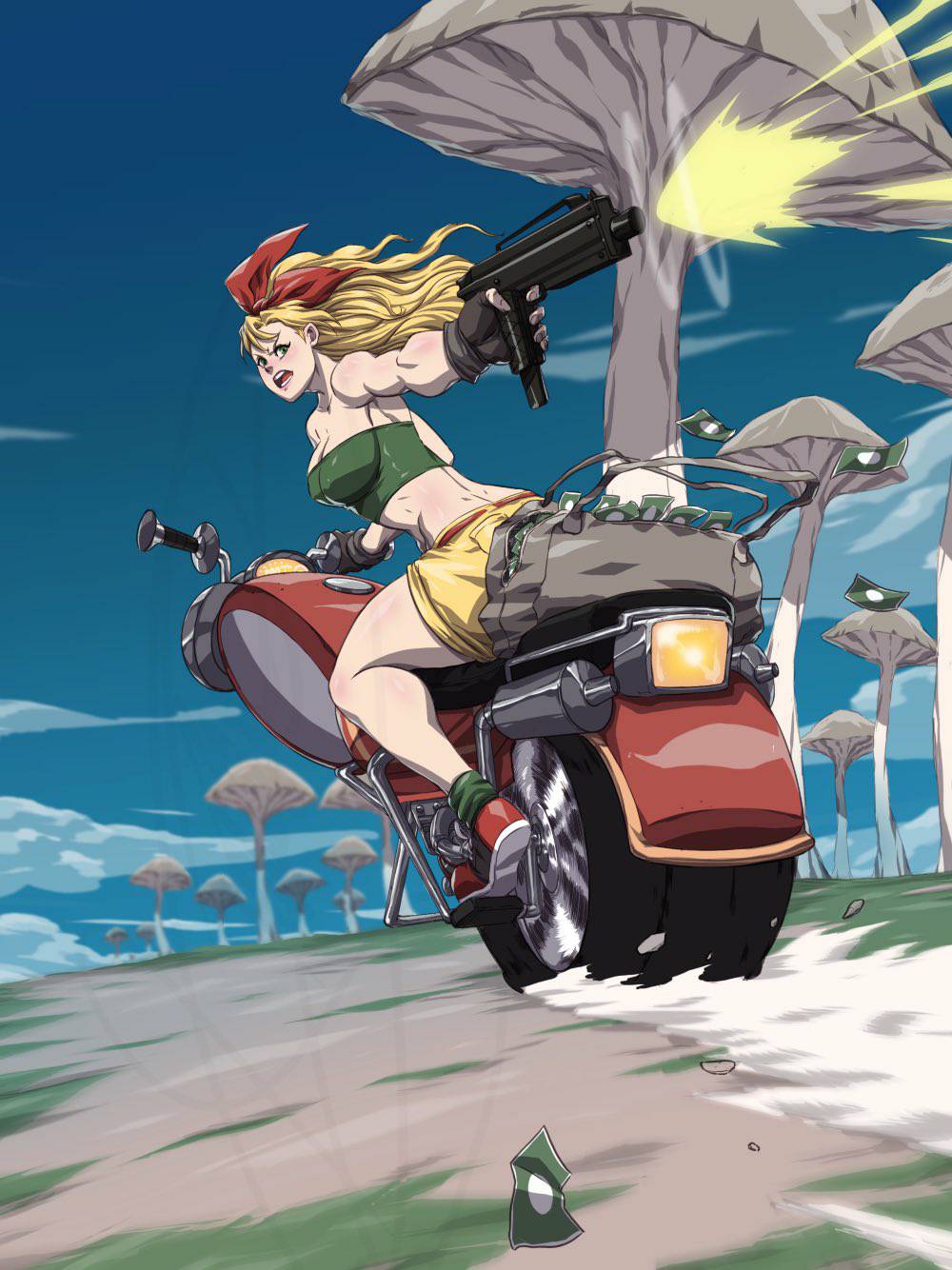 1girl bag banknote blonde_hair blue_eyes blue_sky bow_hairband breasts butt_crack dimples_of_venus dragon_ball dragon_ball_(classic) duffel_bag english_commentary fingerless_gloves firing fleeing full_body gloves green_socks green_tube_top gun hairband highres holding holding_gun holding_weapon imi_uzi large_breasts long_hair looking_back lunch_(bad)_(dragon_ball) lunch_(dragon_ball) money motor_vehicle motorized_unicycle mushroom muzzle_flash potemkinbuster red_footwear red_hairband riding shorts sky socks solo strapless submachine_gun tube_top unicycle weapon yellow_shorts