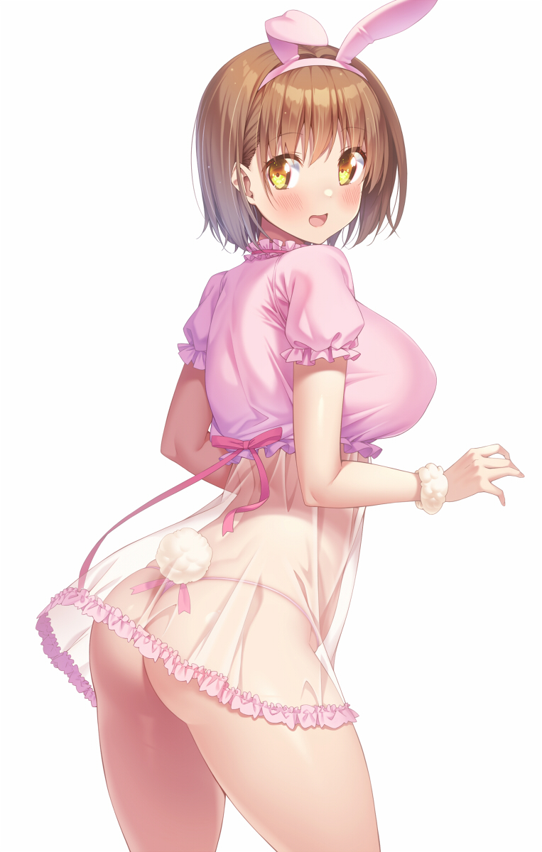 1girl animal_ears ass blush breasts crop_top fake_animal_ears fake_tail highres kazuma_(kazumav) large_breasts light_brown_hair looking_at_viewer looking_back open_mouth original panties pink_shirt rabbit_ears rabbit_tail scrunchie see-through shirt short_hair simple_background skirt smile solo tail thong underwear white_background wrist_scrunchie yellow_eyes