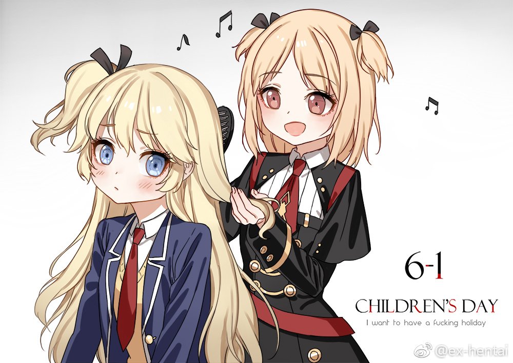 2girls :d aged_down behind_another black_dress black_ribbon blonde_hair blue_eyes blue_jacket blush brown_eyes brushing_another's_hair brushing_hair children's_day closed_mouth commentary_request dated dress english_text girls'_frontline haijin hair_ribbon holding_another's_hair jacket korean_commentary long_hair medium_hair mp40_(girls'_frontline) mp40_(thumbelina)_(girls'_frontline) multiple_girls musical_note necktie official_alternate_costume one_side_up open_clothes open_jacket open_mouth profanity red_necktie ribbon shirt short_necktie simple_background smile super-shorty_(girls'_frontline) sweater_vest third-party_source upper_body weibo_logo weibo_username white_background white_shirt yellow_sweater_vest
