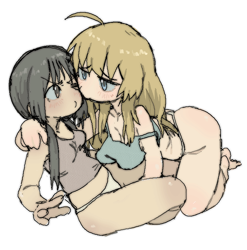 2girls ahoge arm_around_shoulder bare_legs barefoot black_hair blonde_hair blue_camisole blue_eyes blush breasts brown_camisole brown_eyes camisole cheek-to-cheek chito_(shoujo_shuumatsu_ryokou) cleavage heads_together kneeling large_breasts long_hair multiple_girls panties pantsu-ripper pursed_lips shoujo_shuumatsu_ryokou simple_background sitting strap_slip underwear white_background white_panties yuri yuuri_(shoujo_shuumatsu_ryokou)