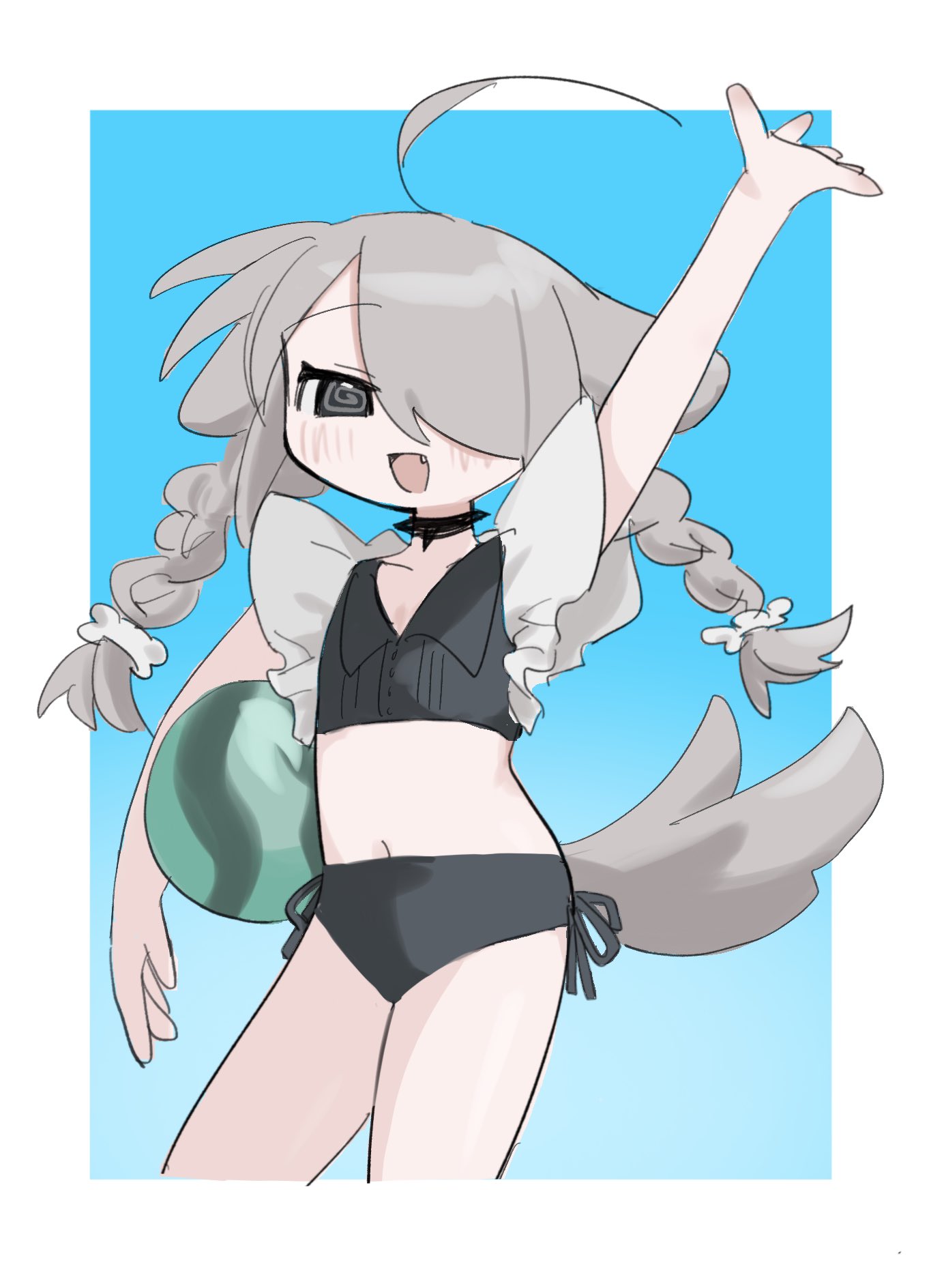 1girl @_@ adapted_costume ahoge animal_ears arm_up ball beachball bikini black_bikini black_collar black_eyes blue_background bone_hair_ornament border braid carrying carrying_under_arm collar collared_bikini commentary cowboy_shot dog_ears dog_girl dog_tail fang gradient_background grey_hair hair_ornament hair_over_one_eye hair_scrunchie highres long_hair looking_at_viewer low_twin_braids navel nuinuiwawan nuinuiwawan_(character) one_eye_covered open_mouth original outside_border raised_eyebrows ribbed_bikini scrunchie side-tie_bikini_bottom smile solo spiked_collar spikes stomach swimsuit symbol-only_commentary tail tennis_ball twin_braids white_border