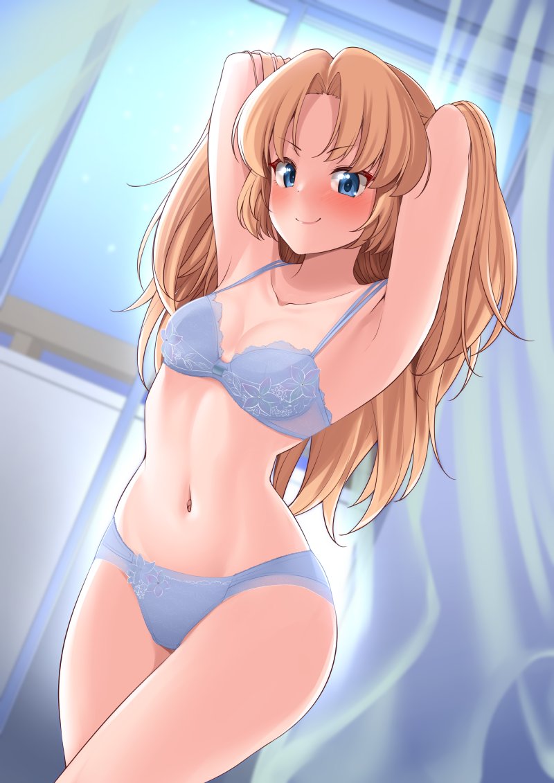 1girl armpits arms_behind_head arms_up blonde_hair blue_bra blue_eyes blue_panties blush bra breasts cleavage commission curtains dream_c_club_(series) dream_c_club_gogo. hisakabe_oto indoors long_hair looking_at_viewer navel panties seira_(dream_c_club_gogo.) skeb_commission smile solo thighs underwear underwear_only window