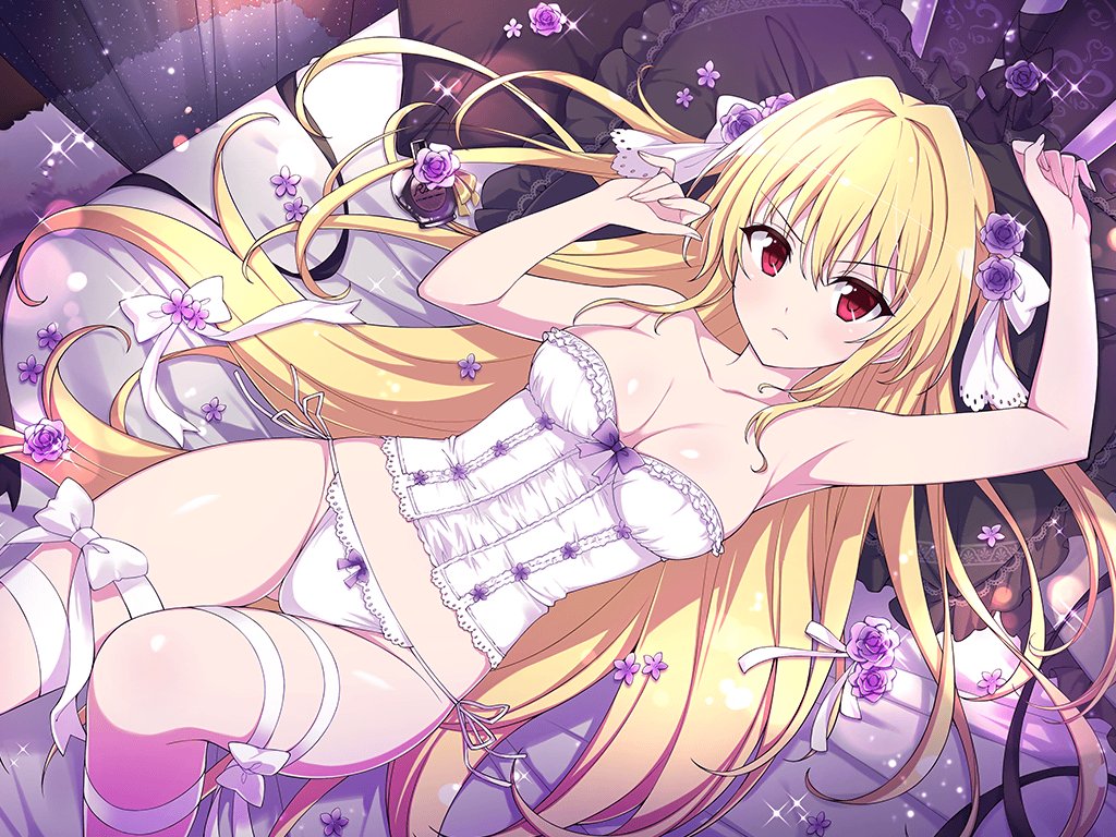 1girl ass_visible_through_thighs bare_shoulders bed bed_sheet black_curtains blonde_hair blush bottle breasts cleavage closed_mouth collarbone corset cosmetics curtains flower frilled_pillow frills frown hair_intakes hair_ornament konjiki_no_yami leg_ribbon lingerie long_hair looking_at_viewer medium_breasts official_art on_bed panties perfume_(cosmetics) perfume_bottle pillow purple_flower red_eyes ribbon senran_kagura shiny_skin side-tie_panties solo thigh_ribbon thigh_strap to_love-ru to_love-ru_darkness two_side_up underwear white_corset white_ribbon yaegashi_nan