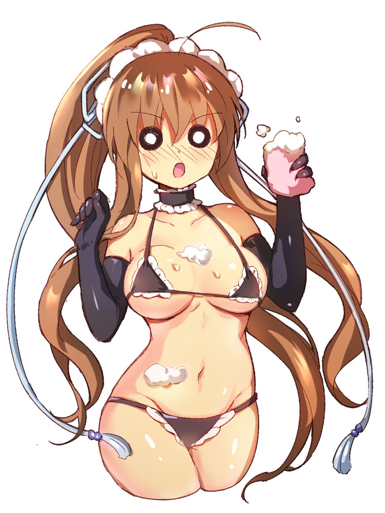 1girl :o ahoge alternate_costume bare_shoulders bikini black_bikini black_choker black_gloves blush breasts breasts_apart brown_hair chinese_commentary choker collarbone commentary cosplay cowboy_shot crossed_bangs curvy elbow_gloves embarrassed enmaided eyes_visible_through_hair floating_hair frilled_bikini frilled_choker frills gloves groin hair_between_eyes hair_ribbon hands_up holding holding_sponge kanbe_kotori konohana_lucia konohana_lucia_(cosplay) large_breasts lliissaawwuu2 long_hair maid maid_headdress micro_bikini navel nose_blush o_o ponytail rewrite ribbon shiny_skin shy sidelocks simple_background soap_bubbles solo sponge standing stomach sweatdrop swimsuit very_long_hair w_arms wavy_hair white_background white_ribbon