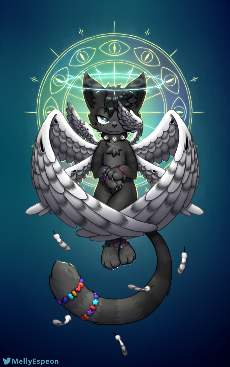 angel angelic black_body black_fur collar domestic_cat feathered_wings feathers felid feline felis feral flying fur green_eyes halo hi_res holy kandi_(bracelet) male mammal mellyespeon solo spiked_collar spikes wings