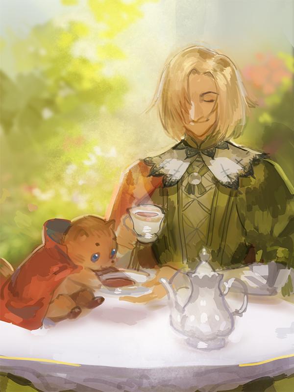 2boys blonde_hair cape character_request closed_eyes closed_mouth cup gensou_suikoden gensou_suikoden_ii hair_over_one_eye holding holding_cup mukumuku multiple_boys outdoors sitting smile table tea zhuzi