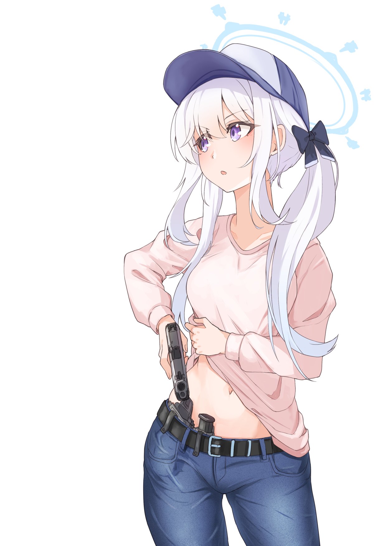 1girl baseball_cap belt black_belt black_bow blue_archive blush bow breasts clov3r collarbone concealed_weapon contrapposto cowboy_shot denim groin gun halo handgun hat highres holding holster jeans long_hair looking_to_the_side magazine_(weapon) miyako_(blue_archive) navel original pants pink_shirt purple_eyes shirt simple_background small_breasts solo standing twintails weapon white_background wrinkled_fabric