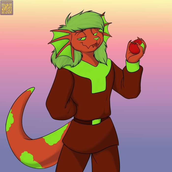 1:1 ambiguous_gender anthro apple blep clothed clothing darnathi food foxenawolf fruit gradient_background green_hair green_nose hair isla_aukate plant red_body red_clothing simple_background solo tongue tongue_out