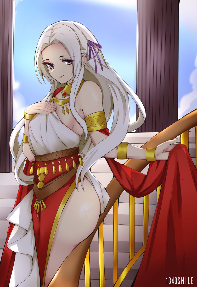 1340smile 1girl alternate_costume armlet blue_sky bracelet column commentary cowboy_shot dancer_(three_houses) day dress edelgard_von_hresvelg fire_emblem fire_emblem:_three_houses forehead hair_ribbon hand_on_own_chest highres jewelry long_hair looking_at_viewer neck_ring pillar purple_eyes purple_ribbon railing ribbon single-shoulder_dress sky smile solo stairs standing very_long_hair white_dress white_hair