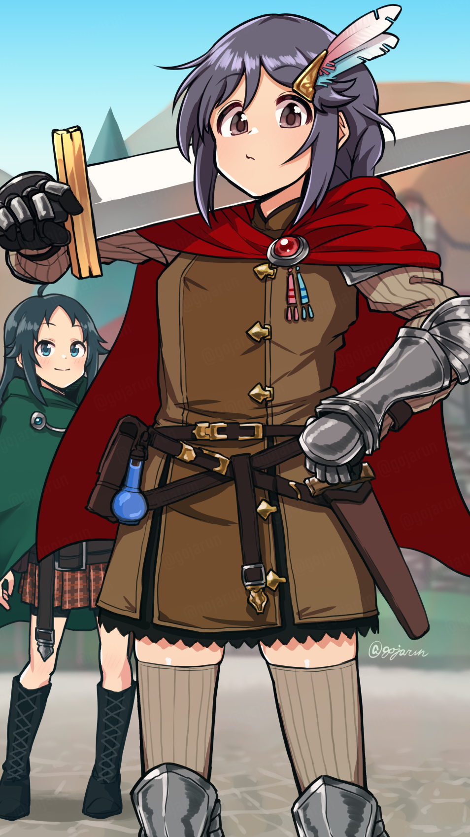 2girls ahoge arm_armor armor artist_name belt belt_pouch black_hair blue_eyes blue_sky blurry blurry_background blush boots braid brown_eyes cape closed_mouth commentary_request cross-laced_footwear day fantasy flask gauntlets gloves gojarun greaves green_cape hair_between_eyes hair_ornament hairclip hand_on_own_hip highres holding holding_sword holding_weapon hood idolmaster idolmaster_cinderella_girls knee_boots knife knife_sheath lace-up_boots long_hair long_sleeves looking_at_another looking_at_viewer miyoshi_sana multiple_girls nanjo_hikaru outdoors plaid plaid_skirt pleated_skirt potion pouch red_cape sheath sheathed shoulder_armor sidelocks skirt sky smile solo_focus standing sword thighhighs upper_body weapon