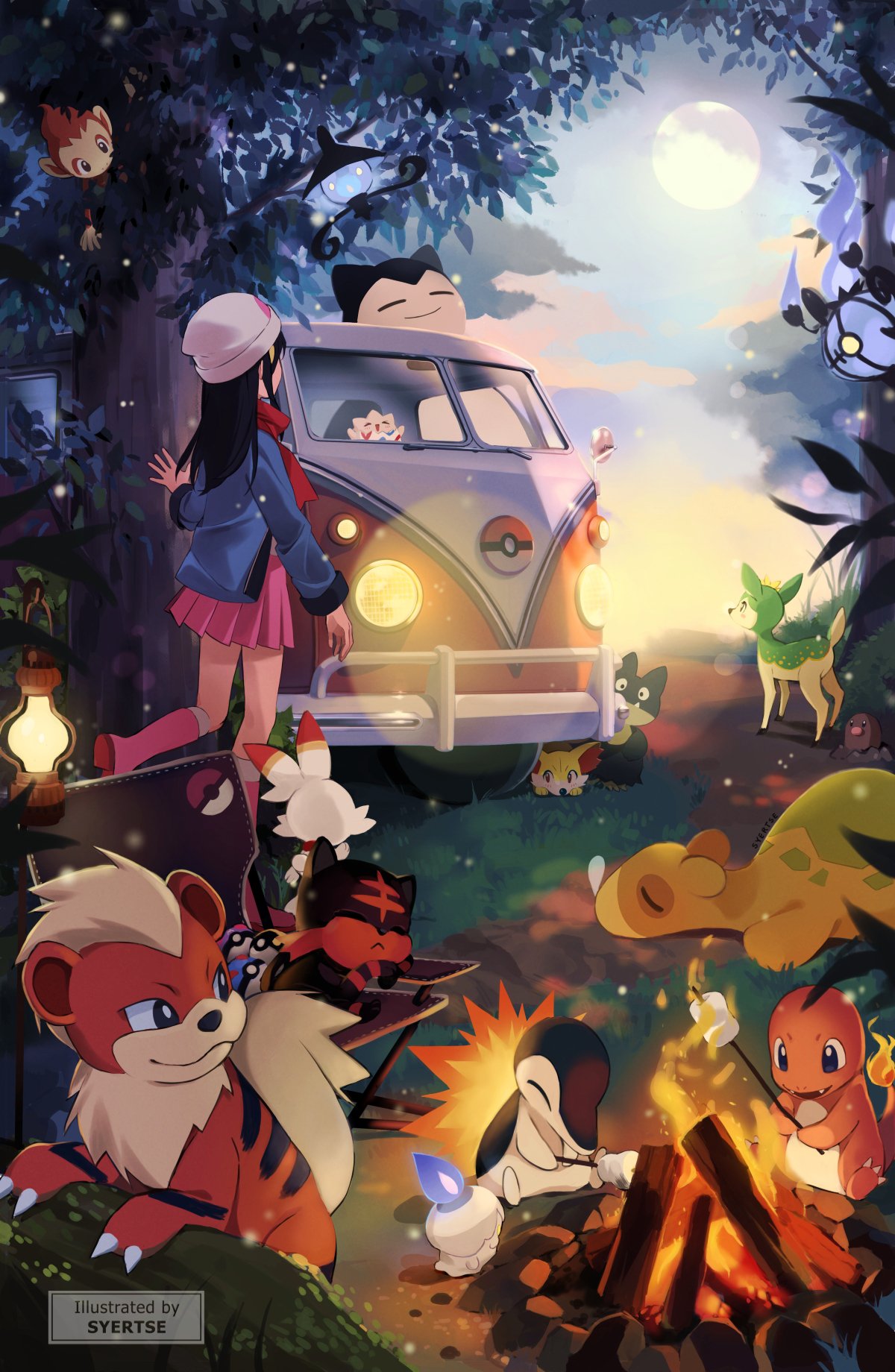 &gt;_&lt; 1girl :&lt; :d ^_^ artist_name beanie black_eyes black_hair blue_fire blue_jacket boots bright_pupils bush campfire chair chandelure charmander chimchar claws closed_eyes closed_mouth cloud commentary cyndaquil dawn_(pokemon) deerling deerling_(summer) diglett english_commentary facing_away fangs fennekin fire fireflies flame-tipped_tail folding_chair food from_behind grass great_ball growlithe hat headlight highres holding holding_stick in_tree jacket kerosene_lamp lampent lantern lens_flare litten litwick long_hair long_sleeves looking_at_another looking_back marshmallow master_ball moss motor_vehicle munchlax nose_bubble numel on_ground open_mouth outdoors pink_footwear pink_skirt plant pleated_skirt poke_ball poke_ball_symbol pokemon pokemon_(creature) pokemon_(game) pokemon_dppt purple_fire red_scarf rock scarf scorbunny sitting skirt sky sleeping smile snorlax standing standing_on_one_leg stick sunset syertse togepi tree tusks twilight ultra_ball van watermark white_headwear white_pupils yellow_eyes