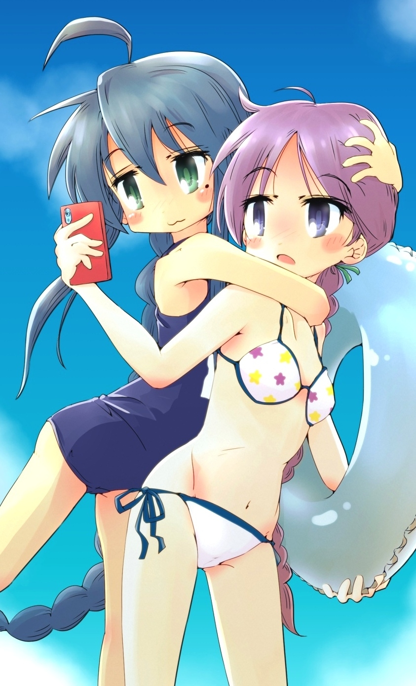 2girls :3 ahoge bikini blue_eyes blue_hair blue_one-piece_swimsuit blue_sky braid breasts cellphone cloud cowboy_shot green_eyes highres hiiragi_kagami innertube izumi_konata long_hair lucky_star mismatched_bikini mole mole_under_eye multiple_girls nirata_masoba one-piece_swimsuit phone purple_hair school_swimsuit side-tie_bikini_bottom single_braid sky small_breasts star_(symbol) star_print swimsuit white_bikini