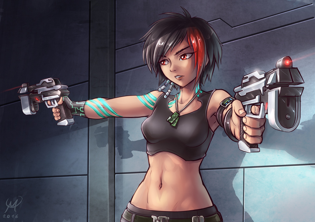 1girl 2016 abs belt belt_buckle black_hair black_shirt body_markings breasts buckle commission dog_tags dual_wielding earrings fingerless_gloves gloves glowing glowing_tattoo gun holding jewelry junee_assayaka laser laser_sight maxa' metal midriff multicolored_hair navel original red_eyes red_hair science_fiction shadow shirt short_hair signature small_breasts solo streaked_hair tank_top toned weapon