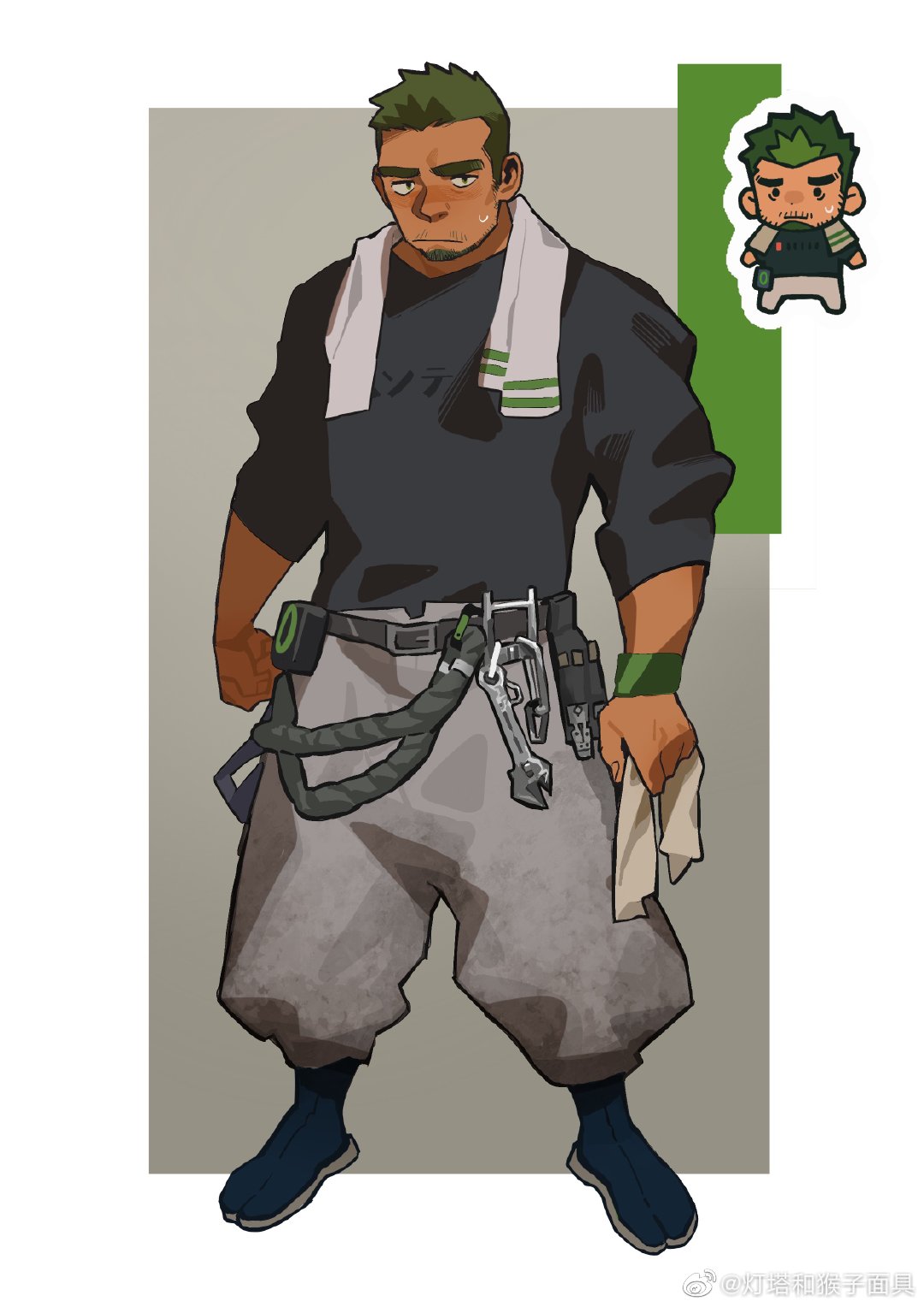 1boy baggy_pants bara belt blush chibi dark-skinned_male dark_skin facial_hair gh_himainu goatee green_hair highres long_sideburns looking_at_viewer male_focus mature_male mechanic original pants pout rope short_hair sideburns solo standing stubble sweatdrop thick_eyebrows towel towel_around_neck wrench