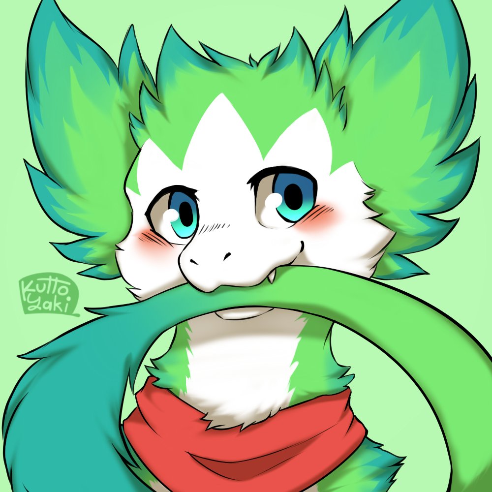 1:1 ambiguous_gender blue_eyes blush cheek_tuft dragon facial_tuft front_view fur furred_dragon glistening glistening_eyes green_background green_body green_fur head_tuft kerchief kuttoyaki looking_at_viewer neck_tuft neckerchief red_kerchief red_neckerchief signature simple_background solo tail tail_in_mouth tuft white_body white_fur