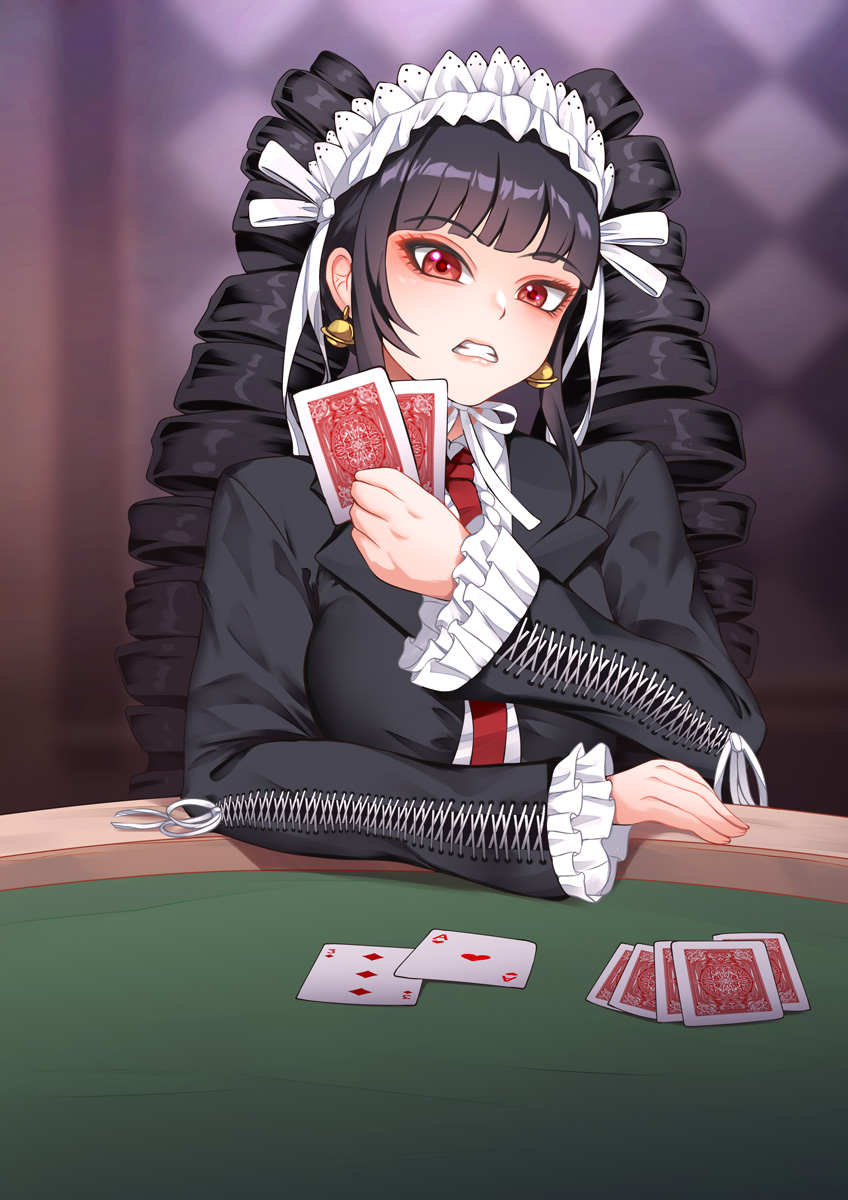 1girl black_hair black_jacket card celestia_ludenberg clenched_teeth commission danganronpa:_trigger_happy_havoc danganronpa_(series) drill_hair earrings frilled_jacket frills hand_up haryudanto highres holding holding_card jacket jewelry long_hair long_sleeves looking_at_viewer necktie playing_card poker poker_chip red_eyes red_necktie solo teeth twin_drills twintails