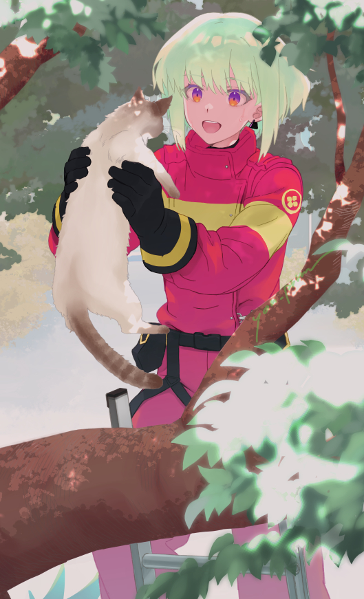 1boy :d animal baggy_pants belt black_belt black_gloves cat colored_eyelashes earrings feet_out_of_frame firefighter firefighter_jacket gloves green_hair happy holding holding_animal holding_cat in_tree jacket jewelry ladder lio_fotia male_focus on_ladder otoko_no_ko pants promare purple_eyes red_jacket red_pants short_hair sidelocks smile solo sweatdrop tree triangle_earrings yon_prmr
