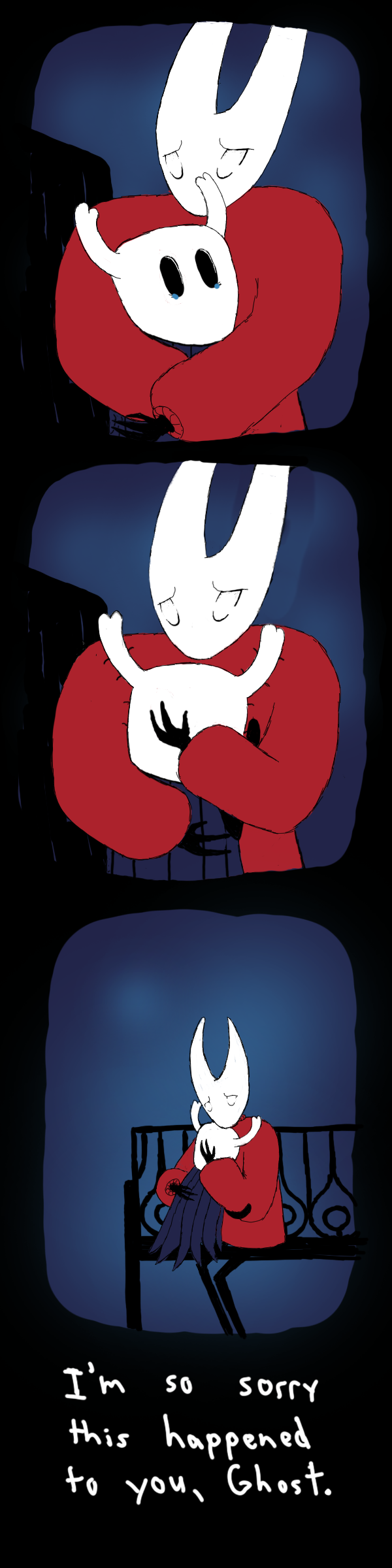 absurd_res ambiguous_gender anthro arthropod black_body bodily_fluids clothed clothing comic digital_media_(artwork) duo embrace english_text eyes_closed female hi_res hollow_knight hornet_(hollow_knight) hug insect long_image soiledvessels tall_image team_cherry tears text the_knight_(hollow_knight) vessel_(species)