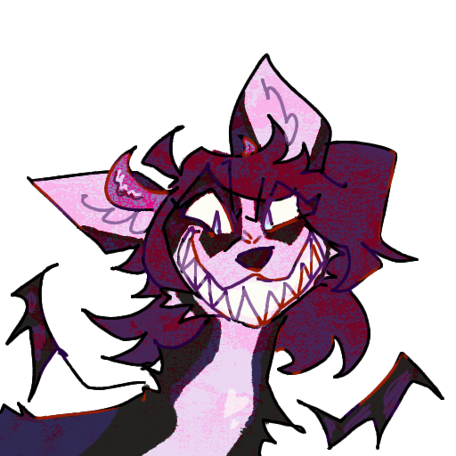 alpha_channel ambiguous_gender black_body black_fur canid canine demon evil_grin feral fur guncht hair headshot_portrait icon mammal portrait purple_hair simple_background smile solo text transparent_background