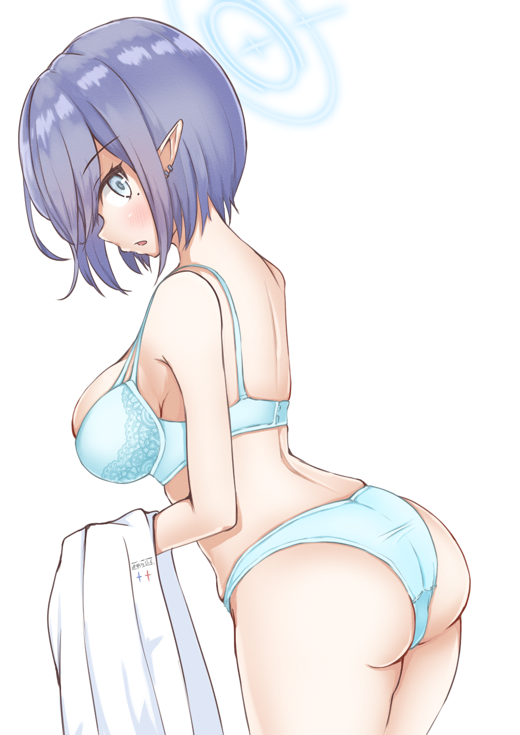 1girl :o aoi_(blue_archive) aqua_bra aqua_panties arched_back ass back blue_archive blush bra breasts chibi_chosu cowboy_shot ear_piercing expressionless eyelashes from_side grey_eyes grey_hair halo highres holding holding_clothes leaning_forward looking_at_viewer looking_to_the_side medium_breasts mole mole_under_eye open_mouth panties piercing pointy_ears short_hair sideways_glance simple_background solo standing underwear underwear_only white_background