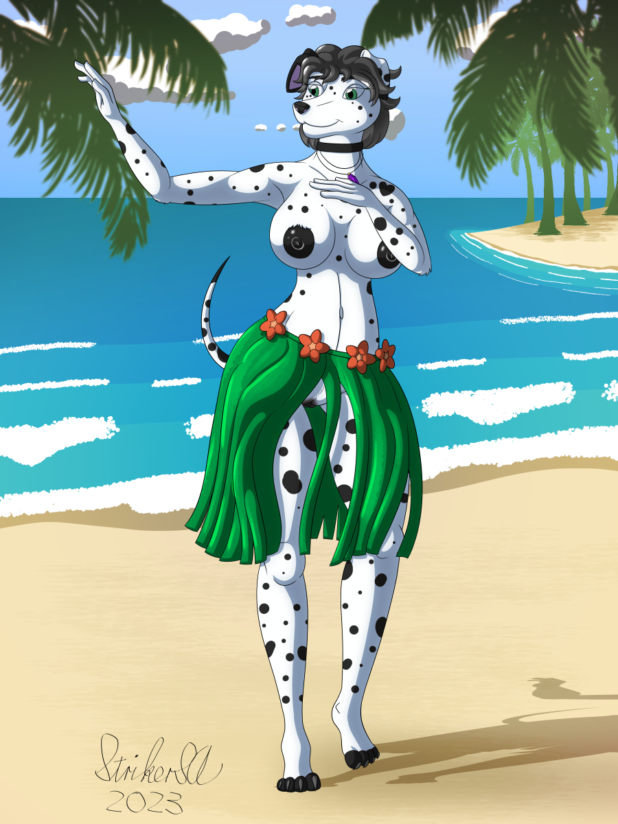 2023 4_fingers 4_toes anthro beach big_breasts black_hair black_nose black_spots breasts canid canine canis claws clothed clothing dalmatian digital_media_(artwork) domestic_dog dottie_barkin feet female fingers fur genitals grass_skirt hair hi_res hindpaw hula humanoid_hands mammal navel nipples outside palm_tree paws plant pubes pussy sand seaside signature smile solo spots spotted_body spotted_fur strikersa toe_claws toes topless topless_anthro topless_female tree water white_body white_fur