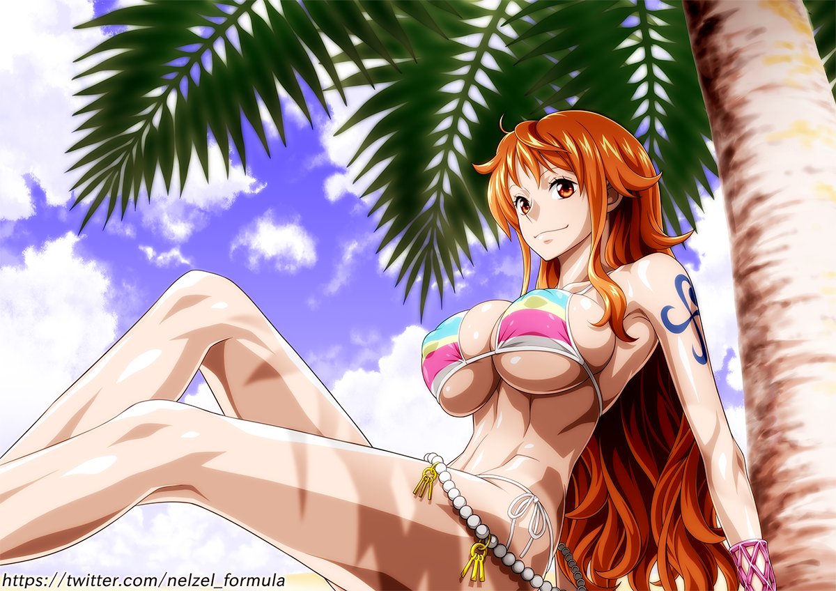 1girl arm_support arm_tattoo bare_shoulders beach belly_chain bikini blue_sky bracelet breasts closed_mouth cloud collarbone commentary covered_nipples day feet_out_of_frame jewelry knees_up large_breasts leaning_back legs long_hair looking_at_viewer multicolored_bikini multicolored_clothes nami_(one_piece) nel-zel_formula one_piece orange_eyes orange_hair outdoors palm_leaf palm_tree photoshop_(medium) sand shiny_skin side-tie_bikini_bottom sitting sky smile solo stomach striped striped_bikini swimsuit symbol-only_commentary tattoo thighs tight_clothes toned tree underboob very_long_hair