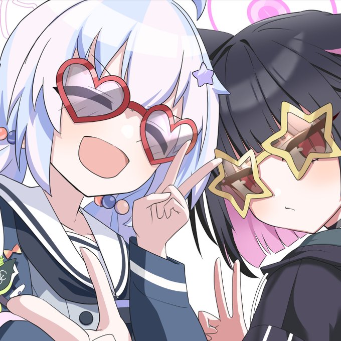 2girls :d ^_^ animal_ears black_choker black_coat black_hair black_sweater blue_archive blunt_bangs cat_ears cat_girl choker closed_eyes coat colored_inner_hair commentary_request from_behind funny_glasses glasses hair_between_eyes hair_bobbles hair_ornament halo heart heart-shaped_eyewear kazusa_(blue_archive) long_hair long_sleeves looking_at_viewer looking_back low_twintails multicolored_hair multiple_girls o_(rakkasei) open_clothes open_coat purple_hair red_eyes reisa_(blue_archive) school_uniform serafuku short_hair sidelocks simple_background smile star-shaped_eyewear sweater twintails two-tone_hair v white_background