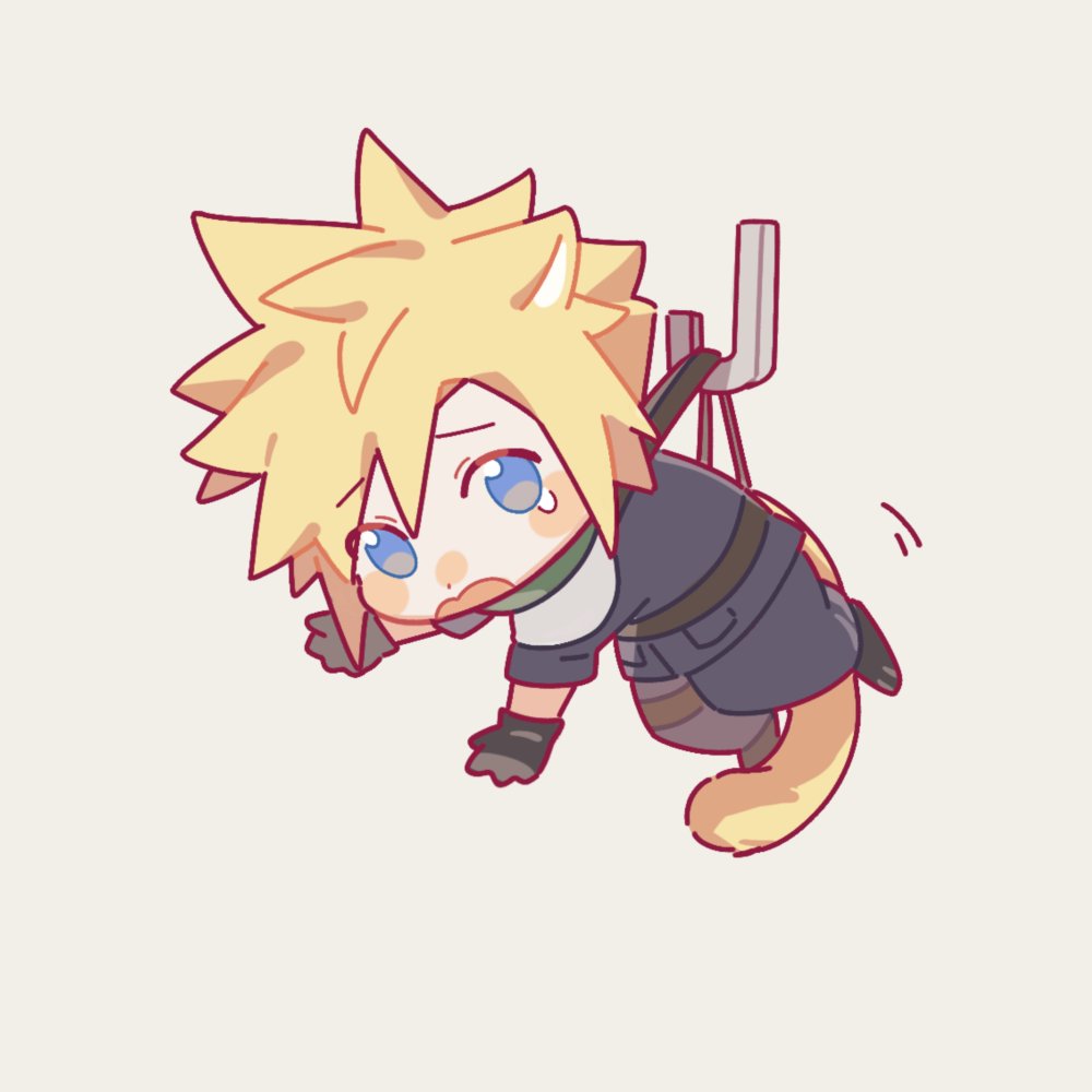 1boy animal_ears animal_feet black_gloves blonde_hair blue_eyes blue_pants blue_shirt cat_boy cat_ears cat_tail chibi cloud_strife crisis_core_final_fantasy_vii final_fantasy final_fantasy_vii gloves green_scarf hanging hao_xiang_yishui_bu_xing hook male_focus open_mouth pants scarf shirt short_hair simple_background solo spiked_hair suspenders tail teardrop tearing_up yellow_fur