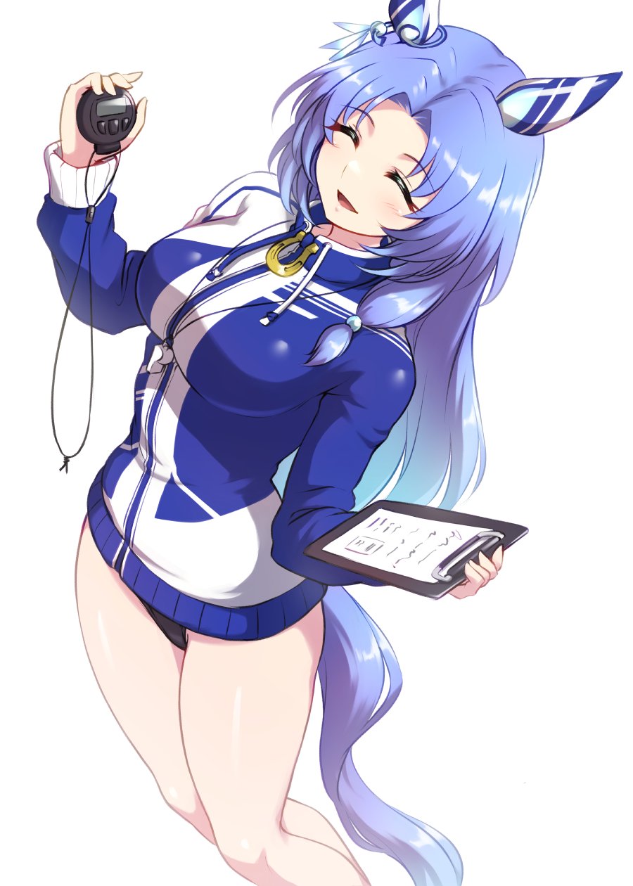 1girl animal_ears blue_hair blue_jacket breasts clipboard closed_eyes commentary cowboy_shot ear_covers ear_ornament facing_viewer feet_out_of_frame godolphin_barb_(umamusume) highres holding holding_clipboard holding_stopwatch horse_ears horse_girl horse_tail horseshoe_ornament jacket large_breasts long_hair long_sleeves parted_bangs parted_lips pataneet simple_background smile solo stopwatch striped striped_jacket tail track_jacket umamusume very_long_hair white_background white_jacket