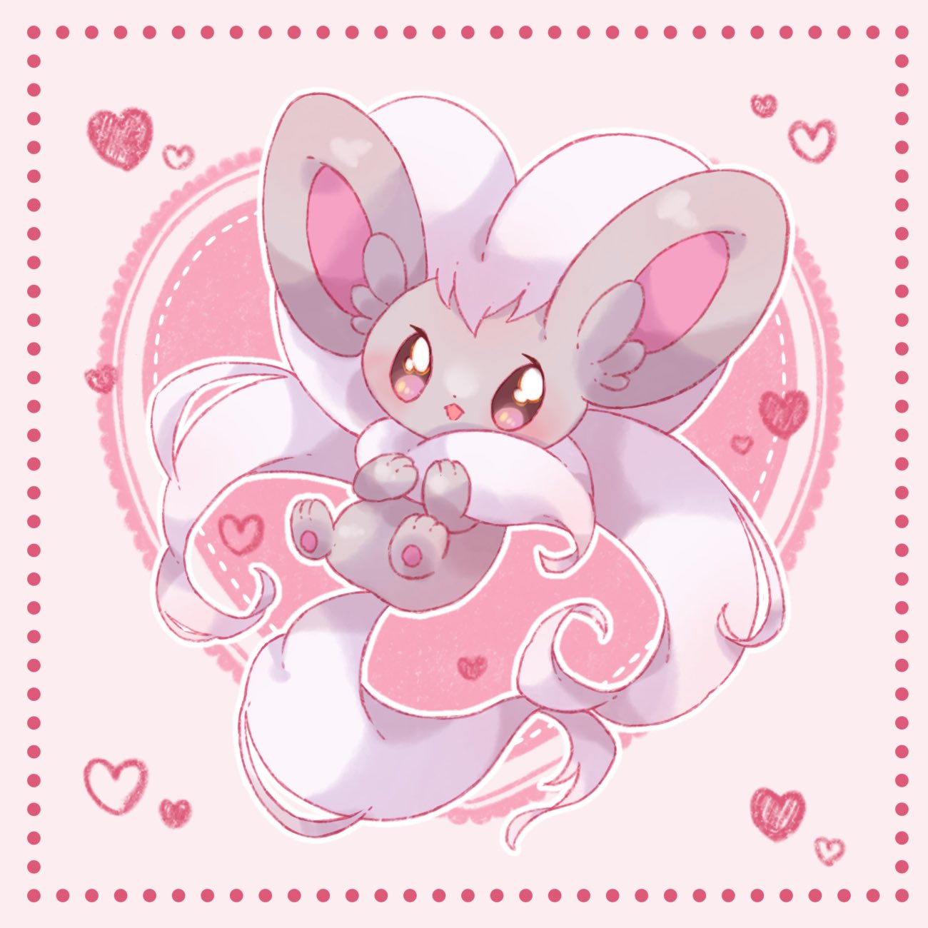 animal_hands cinccino commentary_request dot_nose fluffy heart highres neck_fur no_humans open_mouth pawpads pink_background pokemon pokemon_(creature) solo towa_(clonea) white_fur