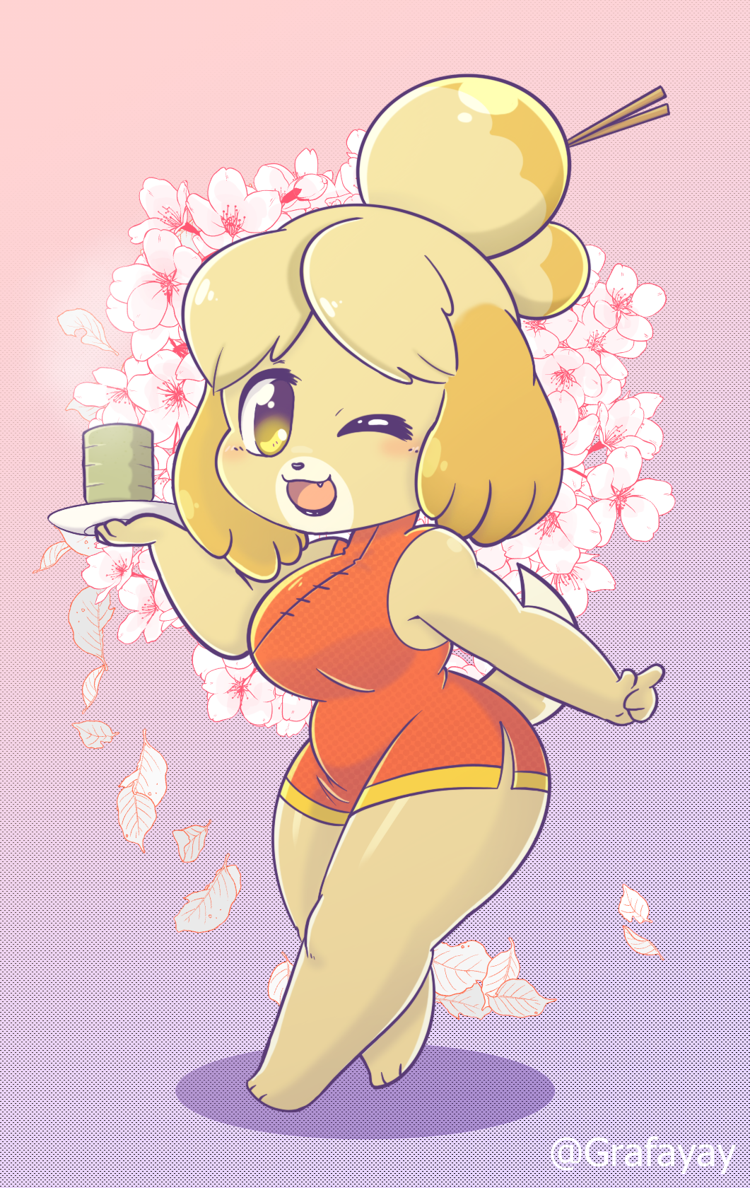 animal_crossing anthro beverage breasts canid canine canis chopsticks_in_hair clothed clothing domestic_dog female fur grafayay hair hi_res isabelle_(animal_crossing) mammal nintendo open_mouth sakura shih_tzu smile solo tea toy_dog yellow_body yellow_fur